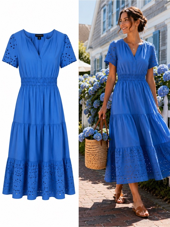 Cynthia Rowley Dresses & Skirts - Cynthia Rowley Blue Eyelet Embroidered Tiered Midi Dress Smocked Size Large